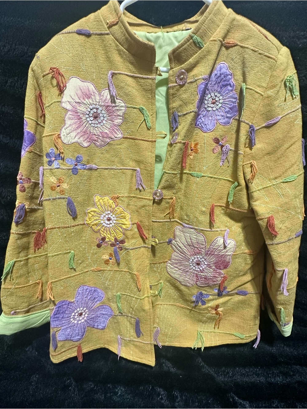Vintage Indigo Moon Floral Applique Embroidered Sequin Tapestry Yellow Jacket